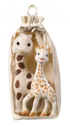 Stuffed giraffe in September and Sophie la girafe cotton bag